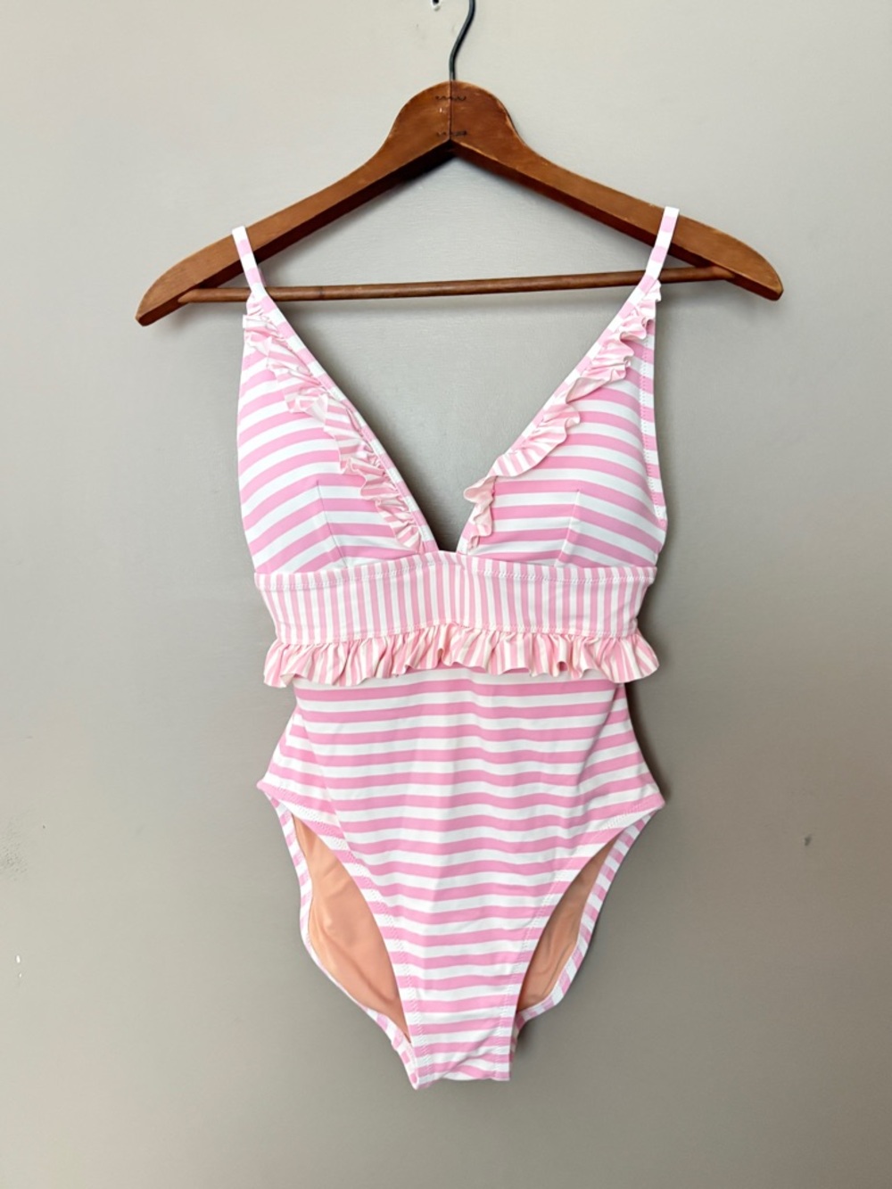 J. Crew pink & white striped ruffle one piece swimsuit resort vacation beach 6